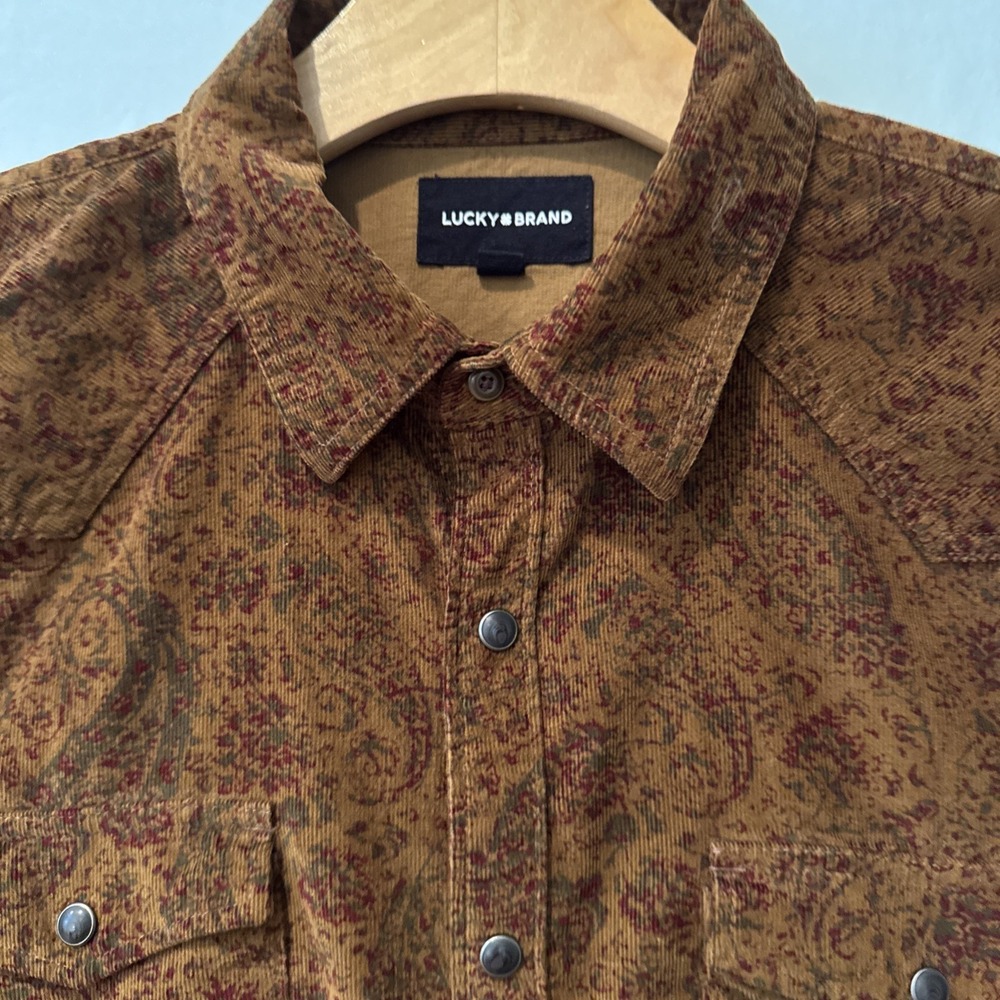 Lucky Brand Shirt Mens LG Brown Paisley Long Sleeve Snap Button Western Corduroy